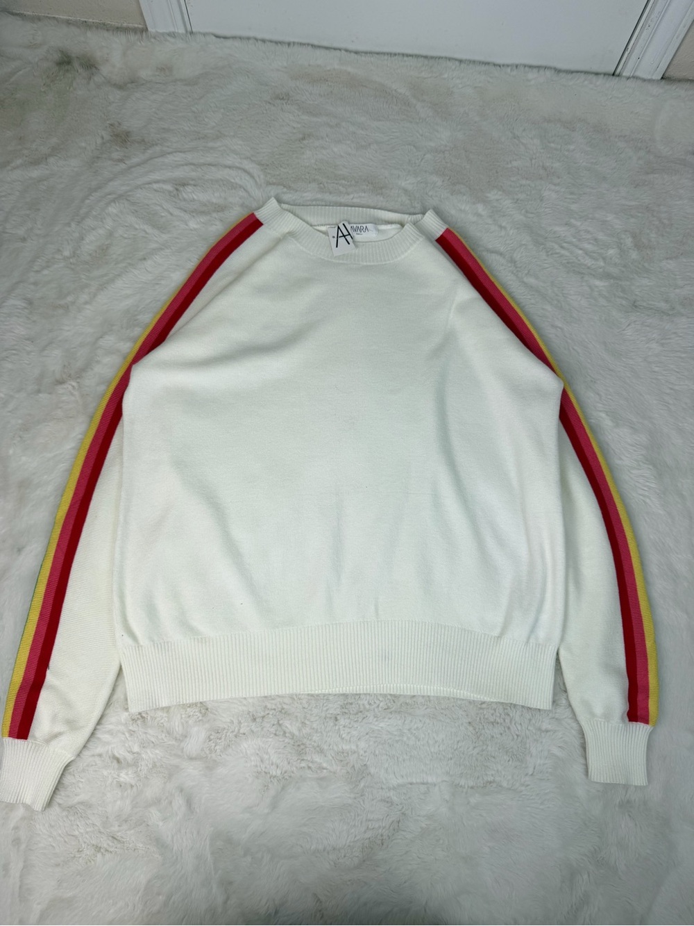 Women’s white Crewneck Sweater with Red & Yellow Stripe Detail